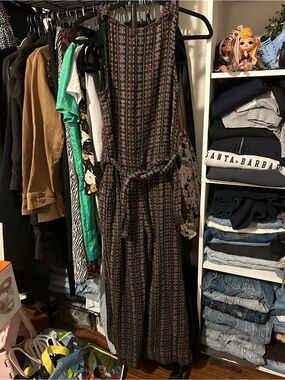 Anthropologie Brown and Pink Patterned Sleeveless Jumpsuit